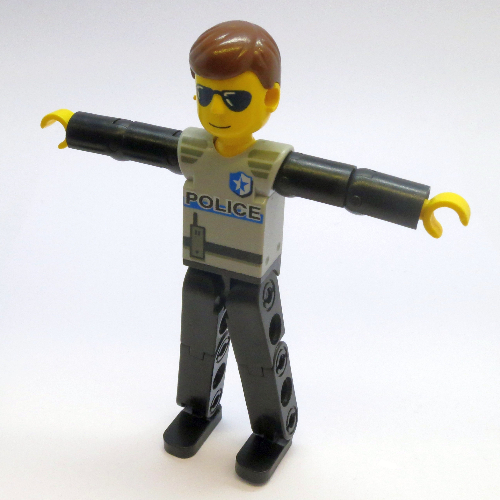 Technic figurine Pieds noirs, haut gris clair avec motif imprimé Police, Bras noirs (Technic Figure Black Legs, Light Gray Top with Police Print, Black Arms)