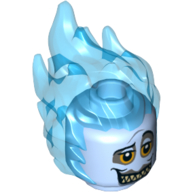 Visuel indicatif Rebrickable de Tête de minifigurine spéciale avec des flammes bleues transparent-claires, yeux orange, sourcil gauche levé, grand motif imprimé de sourire (hades) (Minifig Head Special with Trans-Light Blue Flames, Orange Eyes, Raised Left Eyebrow, Large Grin Print (Hades))