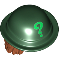 Visuel indicatif Rebrickable de Cheveux et chapeau, melon, cheveux longueur épaule ondulée orange foncé, avec motif imprimé point d'interrogation vert vif (Hair and Hat, Bowler, Dark Orange Wavy Shoulder Length Hair, with Bright Green Question Mark Print)