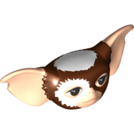 Tête de minifigurine spéciale avec oreilles et visage nougat clair, yeux brun foncé, fourrure blanche sur la tête et autour de l'œil droit motif imprimé (gremlin mogwai) (Minifig Head Special with Light Nougat Ears and Face, Dark Brown Eyes, White Fur on Head and Around Right Eye Print (Gremlin Mogwai))