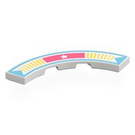 Visuel indicatif Rebrickable de Tuile 4 x 4 courbes, Macaroni avec bordure azur moyen, rectangle de corail avec étoile, motif imprimé rayures jaunes (Tile 4 x 4 Curved, Macaroni with Medium Azure Border, Coral Rectangle with Star, Yellow Stripes Print)