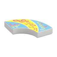 Visuel indicatif Rebrickable de Tuile 2 x 2 incurvée, macaroni avec tourbillon lumineux jaune/azur moyen, notes de musique corail, barres de son imprimées (Tile 2 x 2 Curved, Macaroni with Bright Light Yellow/Medium Azure Swirl, Coral Music Notes, Sound Bars Print)