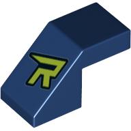 Visuel indicatif Rebrickable de Brique inclinée 45° 2 x 1 avec découpe inversée 2/3 et pas de tenon avec motif imprimé vert citron 'R' (Brick Sloped 45° 2 x 1 with 2/3 Inverted Cutout and no stud with Lime 'R' Print)