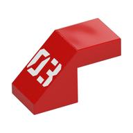Visuel indicatif Rebrickable de Brique inclinée 45° 2 x 1 avec découpe inversée 2/3 et pas de tenon avec motif imprimé blanc '03' (Brick Sloped 45° 2 x 1 with 2/3 Inverted Cutout and no stud with White '03' Print)