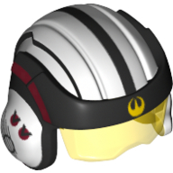 Casque avec visière u-aile pilote, visière transparent-jaune, grand bande noire avec insigne rebelle jaune sur le motif imprimé devant (Helmet with Visor U-Wing Pilot, Trans-Yellow Visor, Wide Black Band with Yellow Rebel Insignia on Front Print)