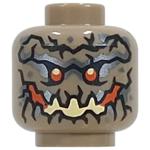 Tête de minifigurine Monstre de terre, Texture de roche, Formes gris pâle, Yeux orange, Jaune clair (Minifig Head Earth Monster, Rock Texture, Light Bluish Grey Shapes, Orange Eyer, Orange/Bright Light Yellow Rock Mouth)
