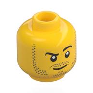 Tête de minifigurine, Clous de barbe, sourcil levé, motif : pupilles blanches, Clous de bouc (Minifig Head, Beard Stubble, Raised Eyebrow, White Pupils Print, Stubble Goatee)