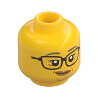 Tête de minifigurine, Sourcils gris bleuâtre foncé, Lunettes, Sourire tordu / ouvert Dents de bouche Sourire motif imprimé (Minifig Head, Dark Bluish Grey Eyebrows, Glasses, Crooked Smile / Open Mouth Teeth Smile Print)