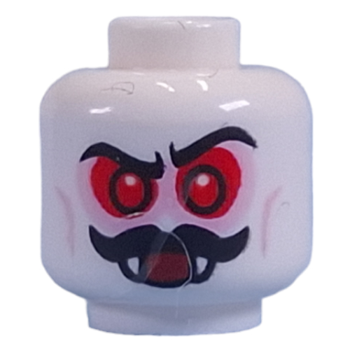 Tête de minifigurine chauve-souris-seigneur, yeux rouges, moustache, crocs, sourire moyen avec fard à paupières bleu sable / bouche ouverte avec motif imprimé fard à paupières rouge (Minifig Head Bat-Lord, Red Eyes, Moustache, Fangs, Mean Smile with Sand Blue Eyeshadow / Open Mouth with Red Eyeshadow Print)