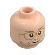 Tête de minifigurine grâce ryland, sourcils beige foncés, barbe naissante, lunettes dorées / bouche ouverte sourire (Minifig Head Ryland Grace, Dark Tan Eyebrows, Stubbled Beard, Gold Glasses / Open Mouth Smile)