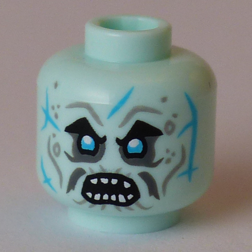 Tête de minifigurine Grimfax, yeux argentés, moustache, Lignes azurées, Dents, bouche fermée / bouche ouverte (Minifig Head Grimfax, Silver Eyes, Moustache, Azure Lines, Teeth, Closed Mouth / Open Mouth)