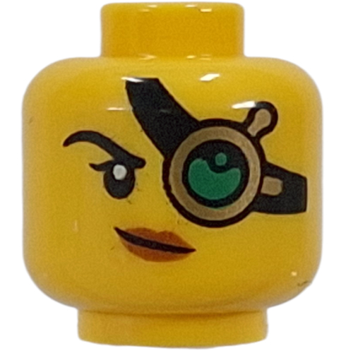Tête de minifigurine Chasseur de Monstres, Monocle d'Or, Bracelet Noir, Lentille Verte, lèvres pêche, sourire en coin / sourire bouche ouverte (Minifig Head Monster Hunter, Gold Monocle, Black Strap, Green Lens, Peach Lips, Smirk / Open Mouth Smile)
