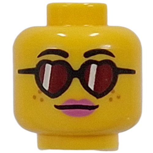 Tête de minifigurine, lèvres rose vif, bouche ouverte sourire / lunettes en forme de cœur, verres rouges (Minifig Head, Bright Pink Lips, Open Mouth Smile / Heart-Shaped Glasses, Red Lenses)