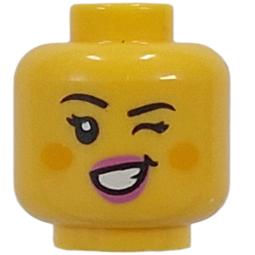 Tête de minifigurine Sorcière mignonne, lèvres rose vif, joues, bouche ouverte Sourire / Clignement (Minifig Head Cute Witch, Bright Pink Lips, Cheeks, Open Mouth Smile / Wink)