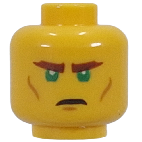Tête de minifigurine Ronin mystérieux, sourcils orange foncé, traits sur les joues, yeux verts, sévère / confus (Minifig Head Mysterious Ronin, Dark Orange Eyebrows, Cheek Lines, Green Eyes, Stern / Confused)