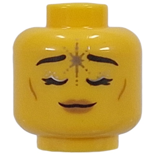 Tête de minifigurine licorne elfe, traits sur les joues, lèvres nougat, yeux neutres / fermés, étoile argentée (Minifig Head Unicorn Elf, Cheek Lines, Nougat Lips, Neutral / Closed Eyes, Silver Star)