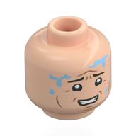 Tête de minifigurine Dennis Nedry, Sourcils noirs, Ligne de joue, Inquiet, Fragments d'eau bleu vif / effrayés, Fragments de veine bleu foncé (Minifig Head Dennis Nedry, Black Eyebrows, Cheek Lines, Worried, Bright Blue Water Splotches / Scared, Dark Blue Venom Splotches)