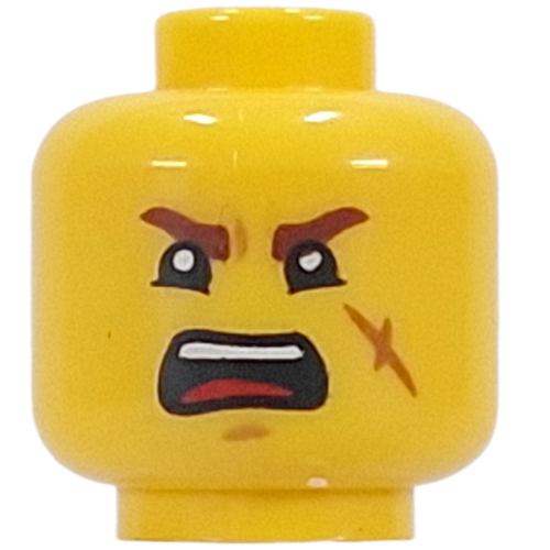 Tête de minifigurine Jin, sourcils rouge foncé, cicatrice, bouche ouverte Sourire / Cri (Minifig Head Jin, Dark Red Eyebrows, Scar, Open Mouth Smile / Scream)