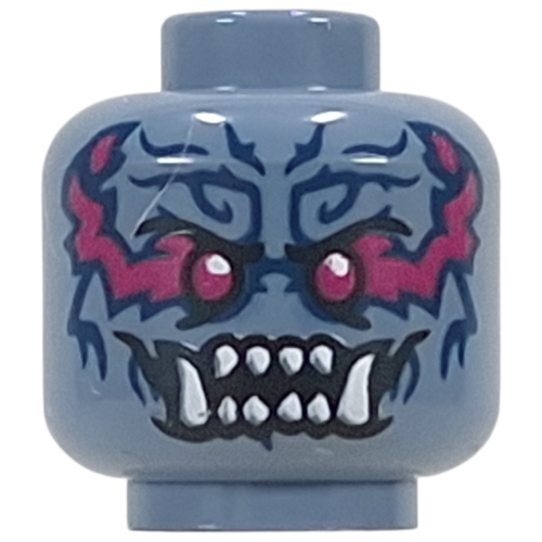 Tête de minifigurine Oni Warrior, yeux pourpre foncé, Marquages magenta/bleu foncé, Dents pointues blanches, Crocs (Minifig Head Oni Warrior, Dark Purple Eyes, Magenta/Dark Blue Markings, White Sharp Teeth, Fangs)
