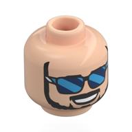 Bloc tête minifigurine ken, barbe noire, moustache, sourire bouche ouverte, lunettes bleu foncé/azur (Minifig Head Ken Block, Black Beard, Moustache, Open Mouth Smile, Dark Blue/Azure Glasses)