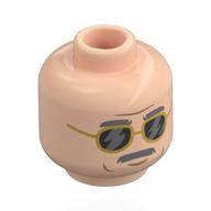 Tête de minifigurine dr. gerry harding, sourcils gris bleuté foncé, moustache, lunettes de soleil dorées avec verres noirs (Minifig Head Dr. Gerry Harding, Dark Bluish Grey Eyebrows, Moustache, Gold Sunglasses with Black Lenses)