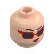 Tête de minifigurine Evie, Sourcils noirs, Lèvres rouges, Lunettes de soleil rouges, Lentilles noires, Neutre/Rires (Minifig Head Evie, Black Eyebrows, Red Lips, Red Sunglasses, Black Lenses, Neutral/Laughing)
