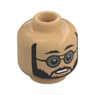 Tête de minifigurine médecin pershing, barbe noire, lunettes avec verres transparent-noirs, froncement de sourcils inquiet / sévère (Minifig Head Doctor Pershing, Black Beard, Glasses with Trans-Black Lenses, Worried / Stern Frown)