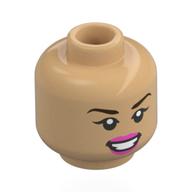 Tête de minifigurine Olivia Rodrigo, sourcils brun foncé, lèvres rose vif, Sourire / Clignement de la bouche ouvert, bouche ouverte, Langue rouge, Autocollants sur le visage (Minifig Head Olivia Rodrigo, Dark Brown Eyebrows, Bright Pink Lips, Open Mouth Smile / Wink, Open Mouth, Red Tongue, Stickers on Face)