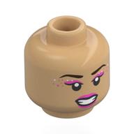 Tête de minifigurine Olivia Rodrigo, sourcils brun foncé, fard à paupières rose foncé, lèvres, étincelle argentée, bouche ouverte sourire / clin d'œil, langue rouge (Minifig Head Olivia Rodrigo, Dark Brown Eyebrows, Dark Pink Eyeshadow, Lips, Silver Sparkle, Open Mouth Smile / Wink, Red Tongue)