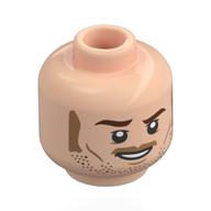Tête de minifigurine Owen Grady, sourcils brun rougeâtre, barbe stupéfaite beige foncé, favoris, moustache, sourire / bouche fermée (Minifig Head Owen Grady, Reddish Brown Eyebrows, Dark Tan Stubbled Beard, Sideburns, Mustache, Smile / Closed Mouth)