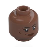 Tête de minifigurine Kayla Watts, sourcils noirs, lèvres rouge foncé, sourire / air renfrogné (Minifig Head Kayla Watts, Black Eyebrows, Dark Red Lips, Smile / Frown)
