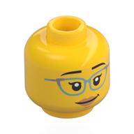 Tête de minifigurine, sourcils noirs, Verres bleu métal, lèvres pêche, bouche fermée / sourire bouche ouverte (Minifig Head, Black Eyebrows, Metal Blue Glasses, Peach Lips, Closed Mouth / Open Mouth Smile)