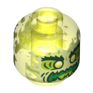 Tête de minifigurine fantôme dwayne, visage vert jaunâtre, sourcils broussailleux, en colère, flammes dans le dos (Minifig Head Ghost Dwayne, Yellowish Green Face, Bushy Eyebrows, Angry, Flames in Back)