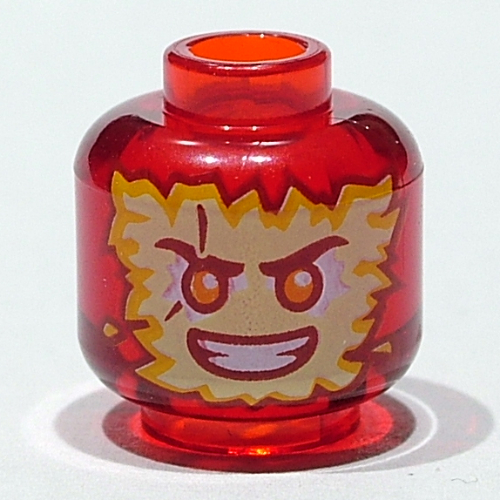 Tête de minifigurine Kai, flammes jaunes, grand sourire, yeux rouges motif imprimé [tenon ventilé - 2 trous] (Minifig Head Kai, Yellow Flames, Grin, Red Eyes Print [Vented Stud - 2 Holes])