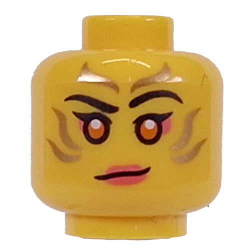 Sora tête minifigurine, fard à paupières corail et lèvres, marques d'or, yeux d'or / motif imprimé sourire en colère (Minifig Head Sora, Coral Eyeshadow and Lips, Gold Markings, Golden Eyes / Angry Grin Print)