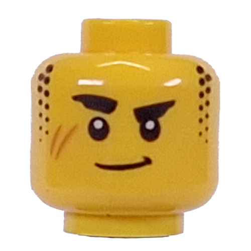 Tête de minifigurine Arin, épais sourcils surélevés, sourire, barbe naissante motif imprimé (Minifig Head Arin, Thick Raised Eyebrows, Smirk, Stubbles Print)