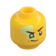 Minifigurine head mateo, tache jaune clair vif sur l'œil, sourcils brun rougeâtre, œil de vert citron, sourire / bouche ouverte sourire imprimé (Minifig Head Mateo, Bright Light Yellow Spot over Eye, Reddish Brown Eyebrows, Lime Eye, Smirk / Open Mouth Grin Print)