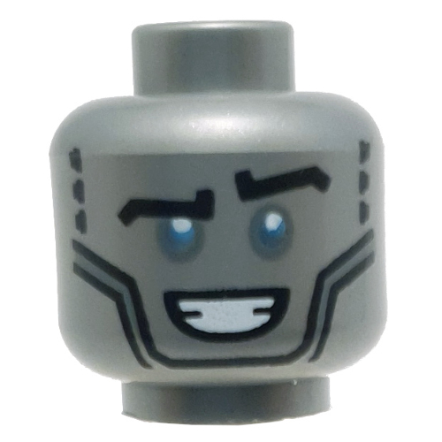 Tête de minifigurine Zane, yeux bleus métallisés, plaques argentées, motif : sourire (Minifig Head Zane, Metallic Blue Eyes, Silver Plates, Smile Print)