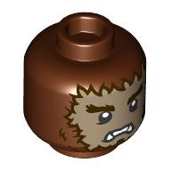 Tête de minifigurine loup-garou, visage brun foncé poilu, sourcils brun foncé, motif imprimé effrayé / heureux (Minifig Head Werewolf, Dark Tan Furry Face, Dark Brown Eyebrows, Scared / Happy Print)