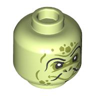 Tête de minifigurine tortue ministre, marques vert olive, nez plat, motif : rayures noires (Minifig Head Turtle Minister, Olive Green Markings, Flat Nose, Black Stripes Print)