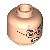 Tête de minifigurine Harry Potter, lunettes noires, cicatrice de foudre, en colère / surpris, taches d'eau (Minifig Head Harry Potter, Black Glasses, Lightning Scar, Angry / Surprised, Water Spots)