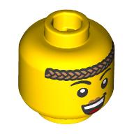 Tête de minifigurine, sourcils cintrés, bandeau nougat, sourire bouche ouverte, motif : lèvres pêche (Minifig Head, Arched Eyebrows, Nougat Headband, Open Mouth Smile, Peach Lips Print)