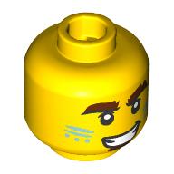 Tête de minifigurine, Sourcils bruns rougeâtres épais, Peinture pour le visage bleu sable, Motif imprimé sourire moyen (Minifig Head, Thick Reddish Brown Eyebrows, Sand Blue Face Paint, Mean Smile Print)