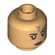 Tête de minifigurine Morgan Elsbeth, sourcils noirs, lèvres rouge foncé, bijoux en argent, air sévère / en colère, bouche ouverte (Minifig Head Morgan Elsbeth, Black Eyebrows, Dark Red Lips, Silver Jewelry, Stern / Angry, Open Mouth)