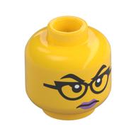 Tête de minifigurine, sourcils noirs surélevés, lunettes noires, lèvres lavande, regard / sourire en colère (Minifig Head, Raised Black Eyebrows, Black Glasses, Lavender Lips, Angry Stare/Smirk)