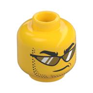Tête de minifigurine, sourcils épais noirs, barbe naissante, sourire en coin, lunettes de soleil avec lunettes dorées (Minifig Head, Thick Black Eyebrows, Stubbled Beard, Smirk, Sunglasses with Gold Glasses)