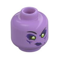 Tête de minifigurine d'araignée reine, yeux de vert citron avec ombre violet foncé, lèvres violet foncé avec crocs, motif : bouche ouverte / bouche fermée (Minifig Head Spider Queen, Lime Eyes with Dark Purple Shadow, Dark Purple Lips with Fangs, Open Mouth / Closed Mouth Print)