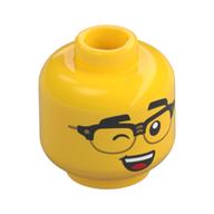 Tête de minifigurine, sourcils, lunettes demi-cerclées, sourire sourire sourire en coin / clin d'œil, bouche ouverte motif imprimé (Minifig Head, Eyebrows, Half-Rimmed Glasses, Smirk / Wink, Open Mouth Smile Print)