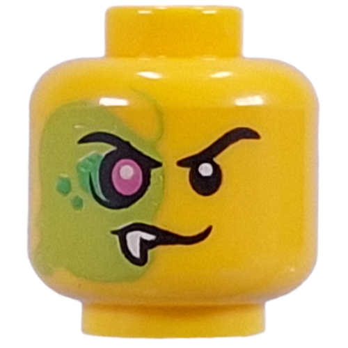 Tête de minifigurine mutante Blacktron, sourcils noirs, vert citron côté droit, sport vert foncé, œil violet, croc (Minifig Head Mutant Blacktron, Black Eyebrows, Right Side Lime, Dark Green Sports, Purple Eye, Fang)