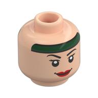 Tête de minifigurine voyou, bandeau vert foncé, lèvres rouges, sourire / dents en colère motif imprimé (Minifig Head Rogue, Dark Green Headband, Red Lips, Smile / Angry Teeth Print)